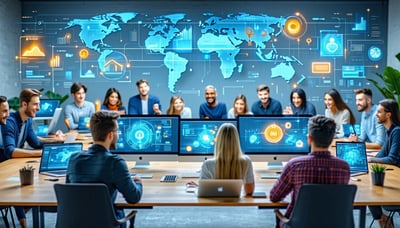 Illustration showing GTM teams collaborating with partners using digital tools